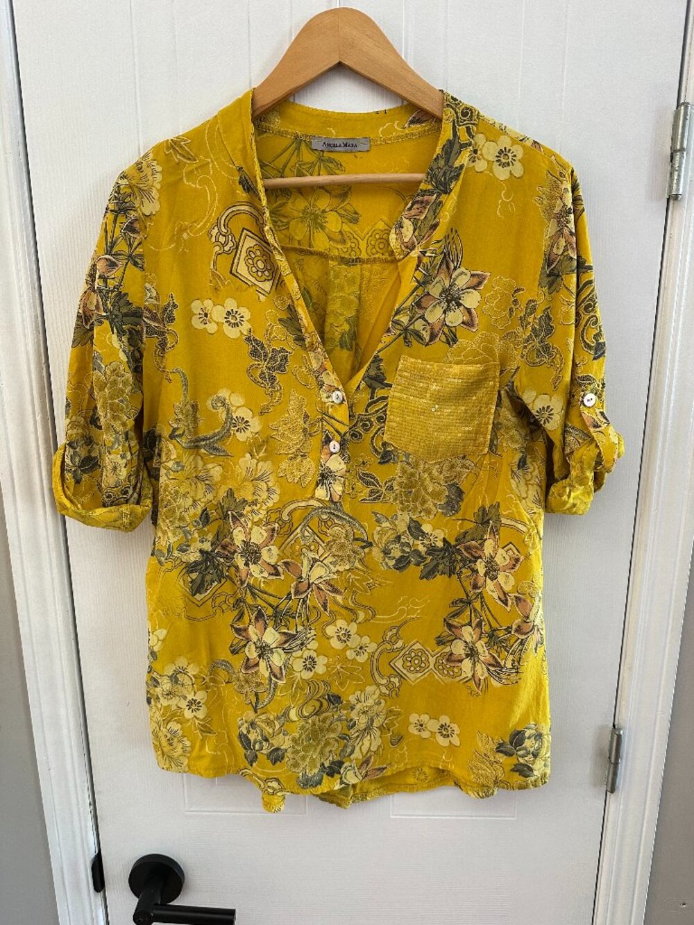 Angela Mara Mustard Yellow Floral Roll-Tab Sleeve Blouse